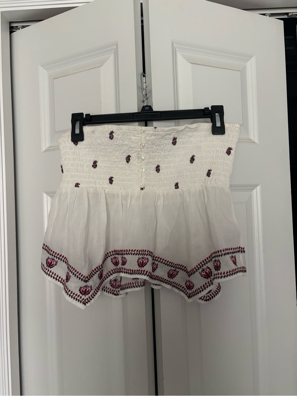 American Eagle Outfitters White Smocked Tube Top with Red Floral Embroidery